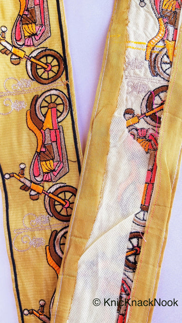 Wholesale Beige Fabric trim with Embroidered Motor Bikes - Brown, Orange, Light Gold & Pink Approx 80 mm Indian Decorative Trim Craft Ribbon
